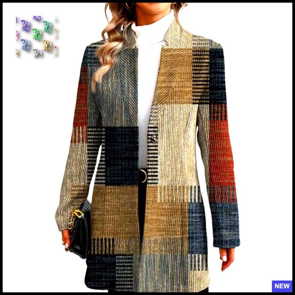 Long Blazer Jacket Loose Fit Plaid Work Office Casual Outerwear Open Front